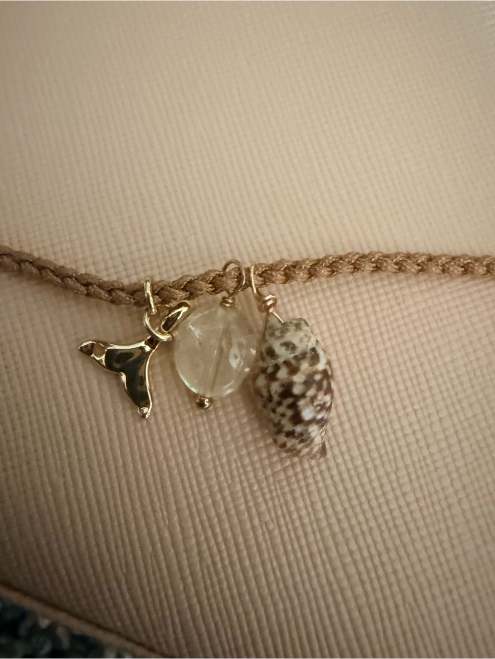 Gold Whale Tail Beach Charm Necklace with Clear Bead and Natural Shell